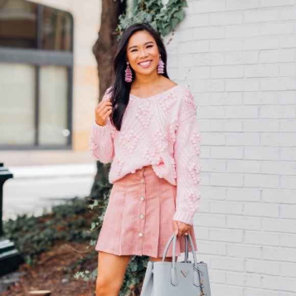 Pink Suede Button Down Pleated Skirt - Picture 3 of 4